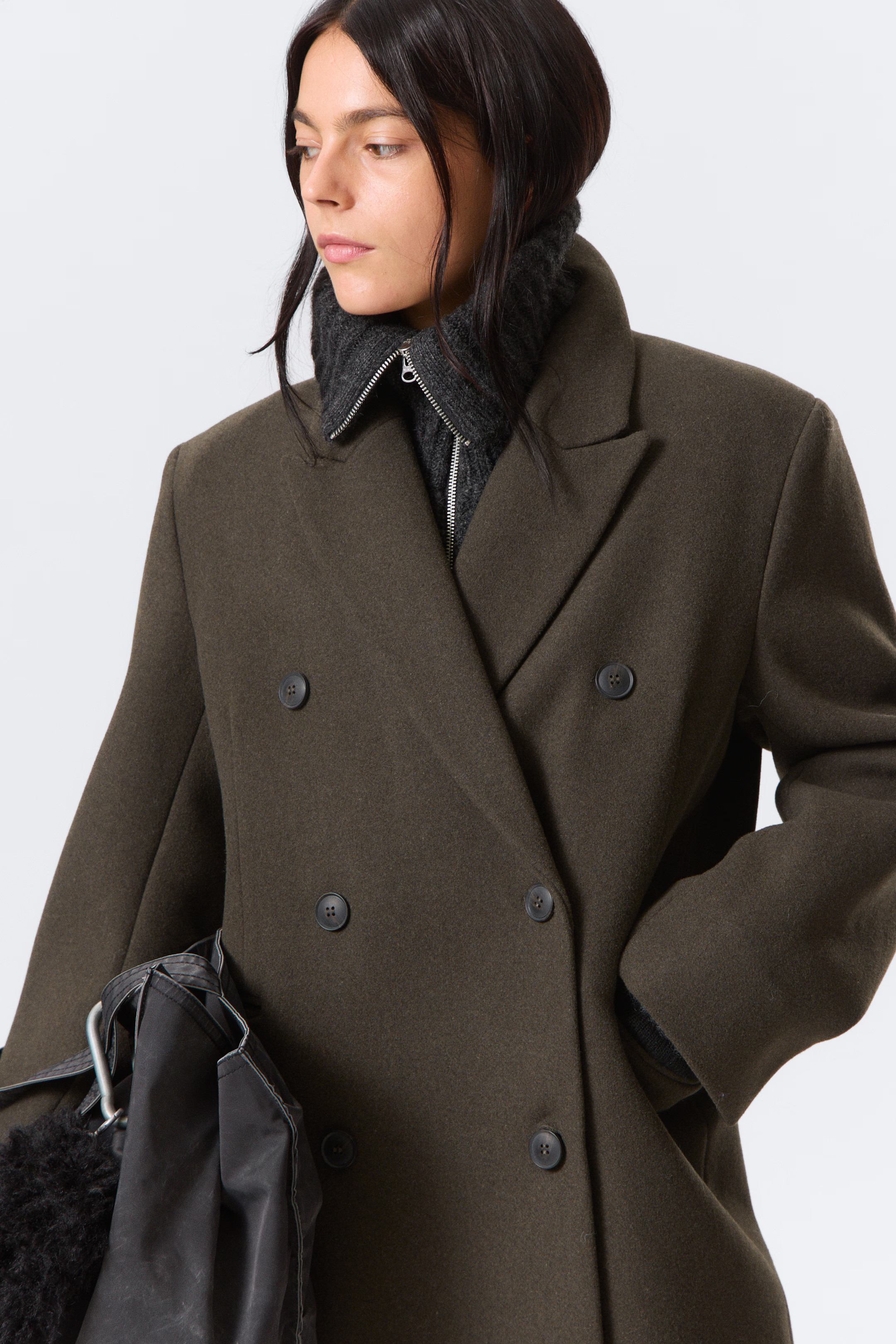 Oversized Knee-Length Wool-Blend Coat - Dark Khaki Green - Ladies | H&M GB | H&M (UK, MY, IN, SG, PH, TW, HK)