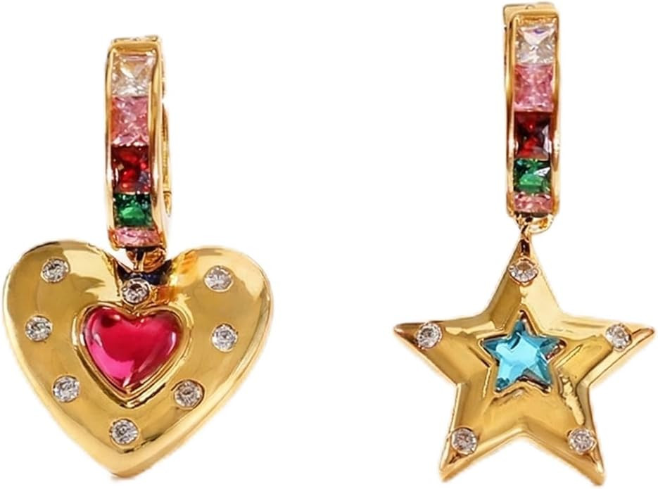 18K Gold Plated Dainty Dangle Earrings - Cute Heart & Star Charm Drop Earrings with Sparkling Rhi... | Amazon (US)