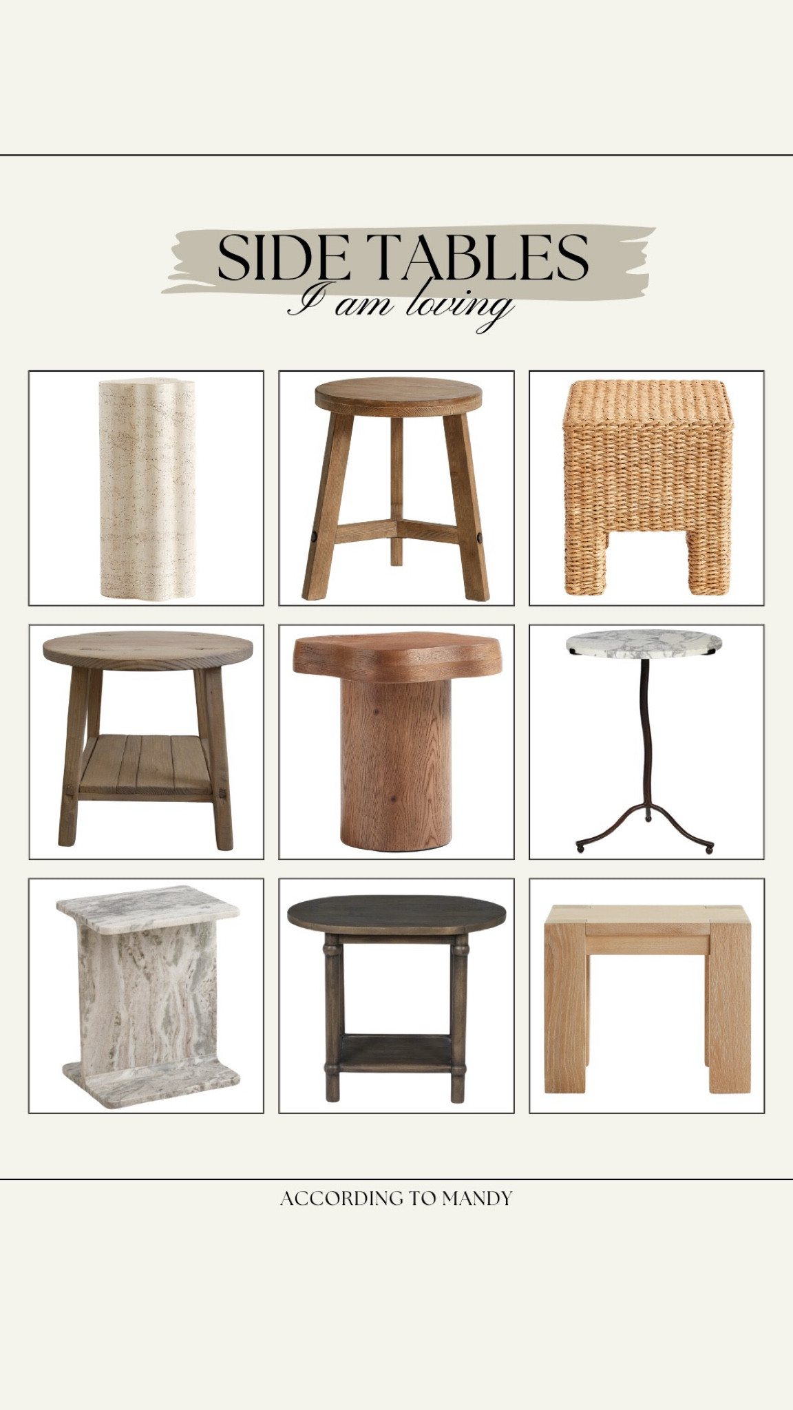 Side Tables I am loving! 

side tables, nightstands, accent tables, crate & barrel, amber interiors, etsy furniture, pottery barn, tjmaxx, marble side table, wood side table, wicker side table, woven side table 

#LTKhome