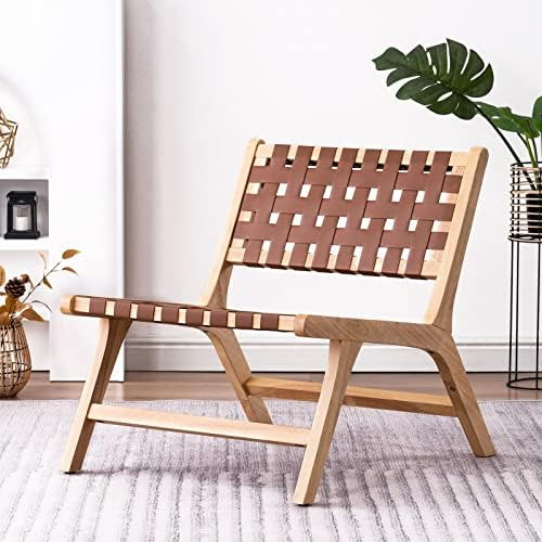 IDEALISMLIVING Woven Leather Accent Chair, Solid Wood Mid Century Modern Accent Chair, Ratten Lon... | Amazon (US)
