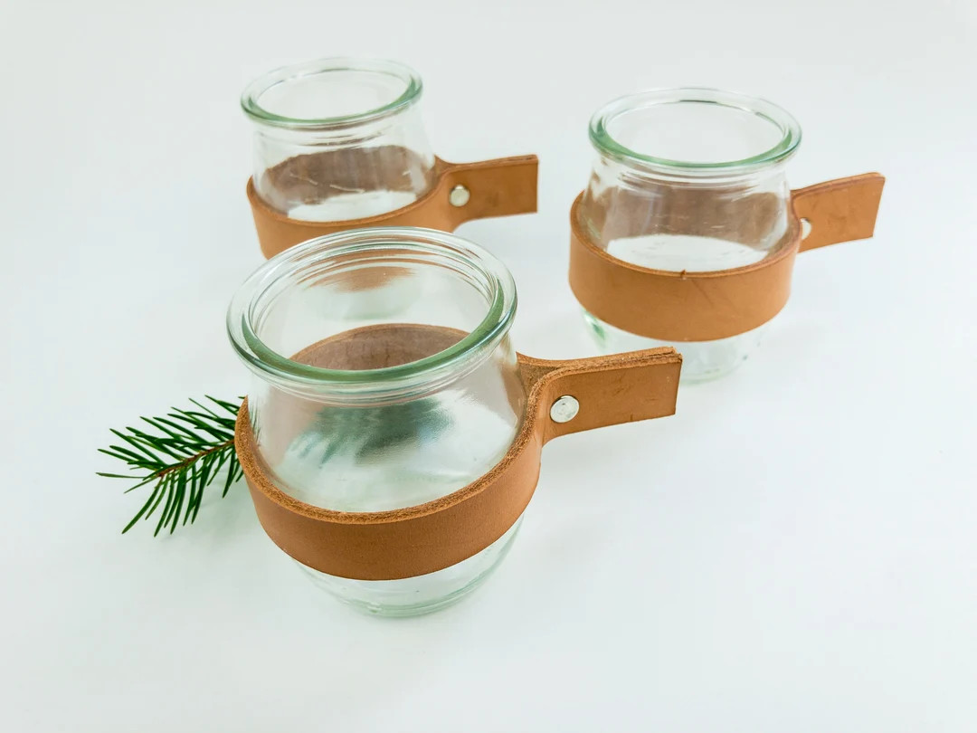 Glass Candle Holder With Leather for Tea Lights or Votive - Etsy | Etsy (US)