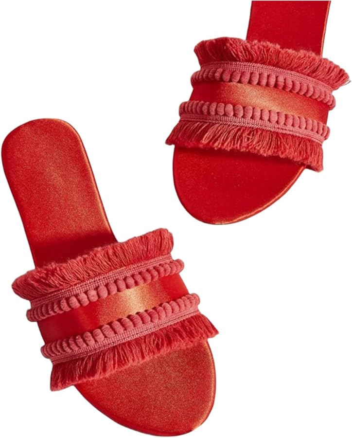 Women's Dressy Sandals Satin Fringe Trim Flats Comfortable Casual Summer Trendy Open Toe Slip on ... | Amazon (US)