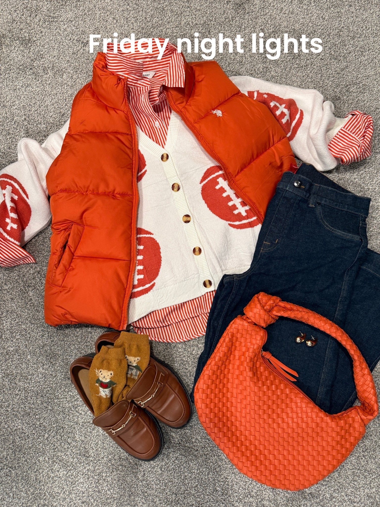 Friday night lights

A little football outfit inspo/ perfect for spirit days for teachers & moms/ fans

Love the mix of affordable with splurg

Affordable and great quality sequined football button up sweater cardigan tts med 

🚨Orange and white stripe button up Spanx and it’s on sale TT in med  (links an affordable option too

🚨Dark wash- wide leg jeans by Spanx 
On sale  tts I wear a med 

Ralph Lauren puffer vest  tts I have a med 

Affordable find loafers comfortable and great quality tts 

RL inspired teddy Socks 

Orange woven bag designer inspired 

Inspired by gold drop earrings $9-12 
So good I wear these on repeat

#LTKgrwm #LTKOver40 #LTKSaleAlert