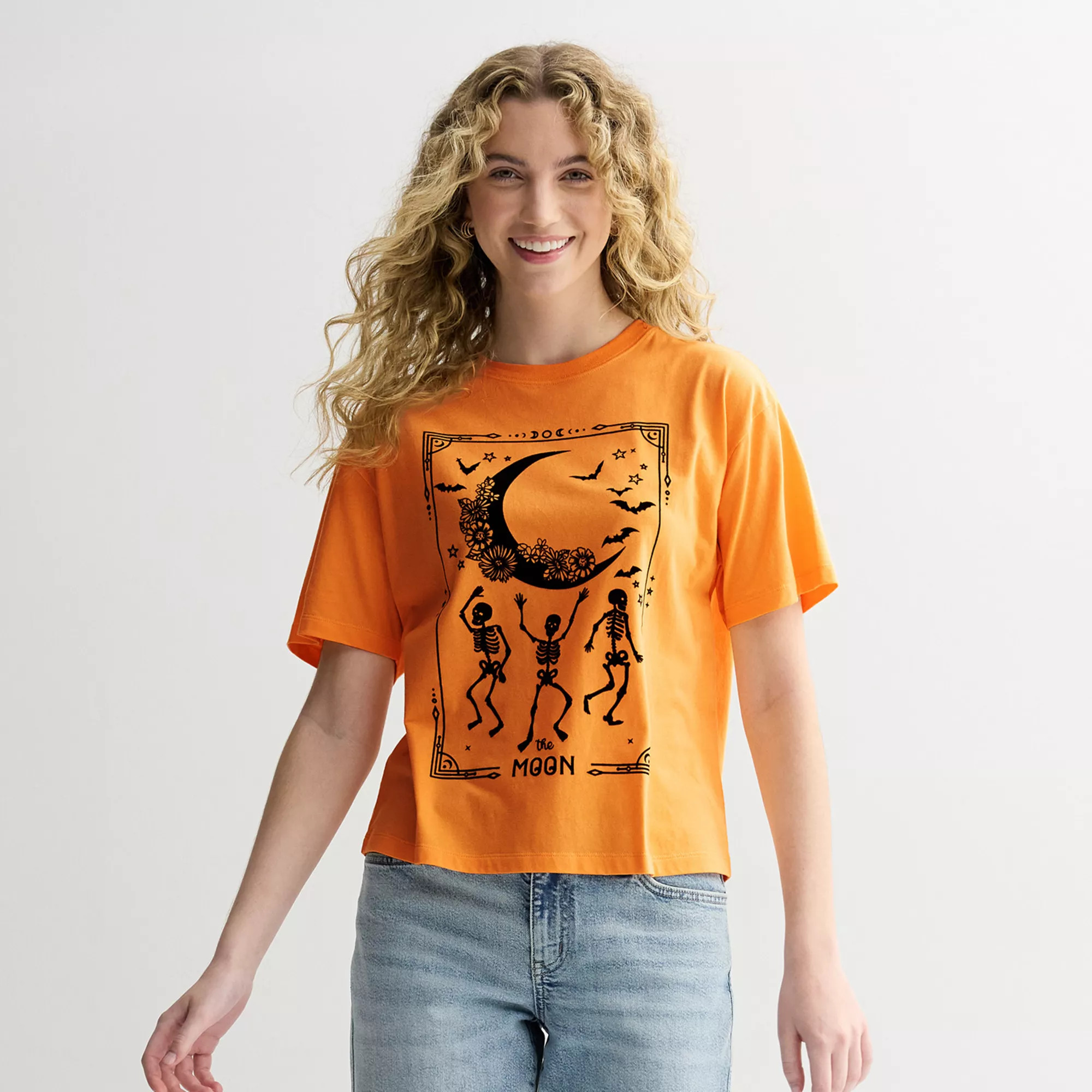 Juniors' The Moon And Skeletons Halloween Tarot Card Skimmer Graphic Tee | Kohl's