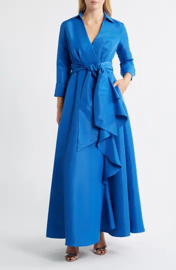 Betsy & Adam Long Sleeve Taffeta Gown in Ocean at Nordstrom Rack, Size 10 | Nordstrom Rack