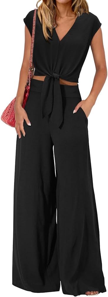 dowerme Women's Summer 2 Piece Outfits Cap Sleeve Strappy Crop Top Wide Leg Pant Sets Casual Trac... | Amazon (US)