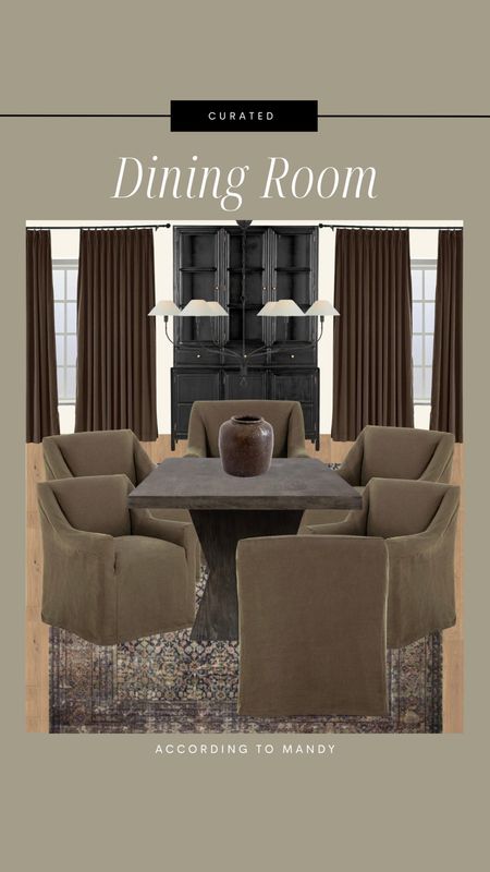 Curated Dining Room! 

moody dining room, moody vibes, moody home, upholstered chair, dark dining chairs, dark wood dining table, rug, chandelier, brown curtains Mac brown home decor, cabinet, black cabinet

#LTKhome #LTKstyletip
