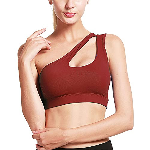 MATHACINO One Shoulder Sports Bra for Women Sexy Cute Workout Yoga Bra Medium Support Wine Red | Amazon (US)