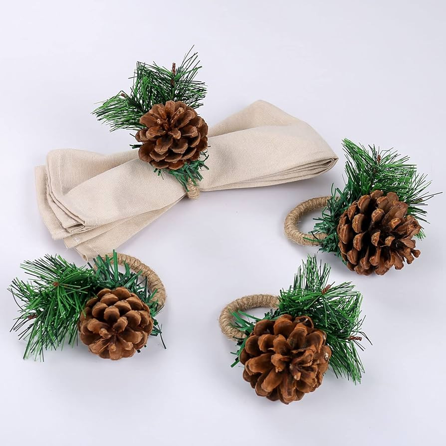 Farmhouse Pine Cone Napkin Rings Set of 4, Rustic Pinecone Napkin Ring Holders, Handmade Serviett... | Amazon (US)