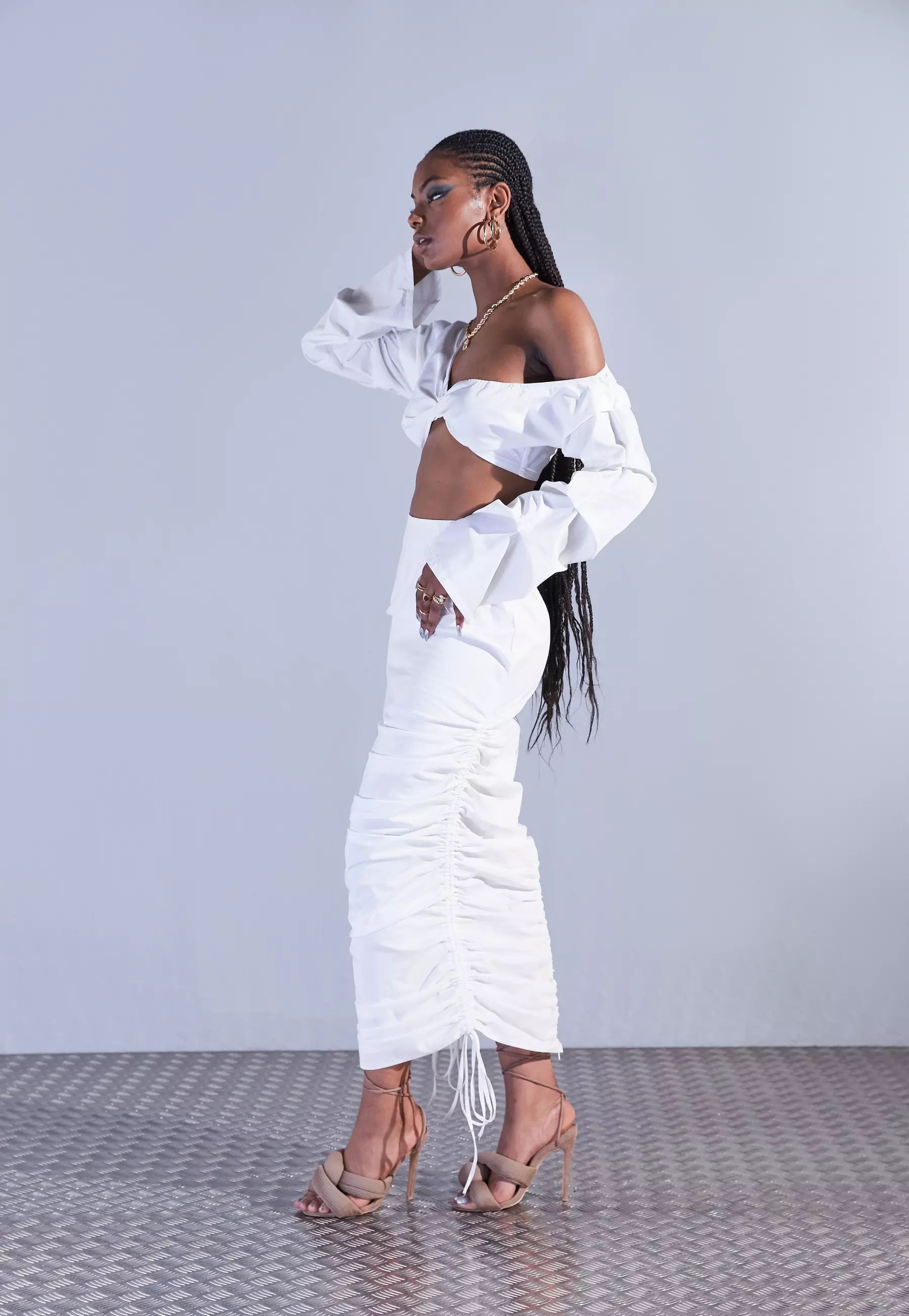 Aazhia x Missguided White Ruched Side Maxi Skirt | Missguided (US & CA)