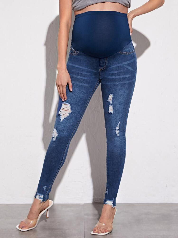 Maternity Wideband Waist Ripped Frayed Skinny Jeans | SHEIN
