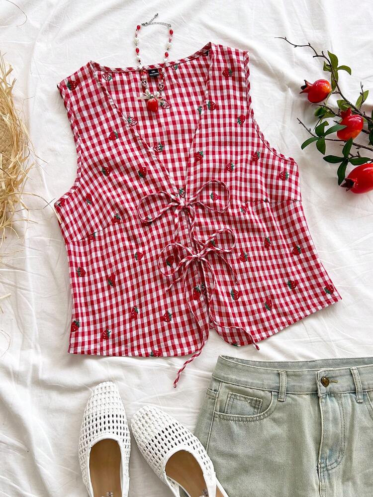 Soleia Plus Size Red And White Checkered Red Vest,Summer Cute Picnic Bohemian Textured Fabric Bow... | SHEIN