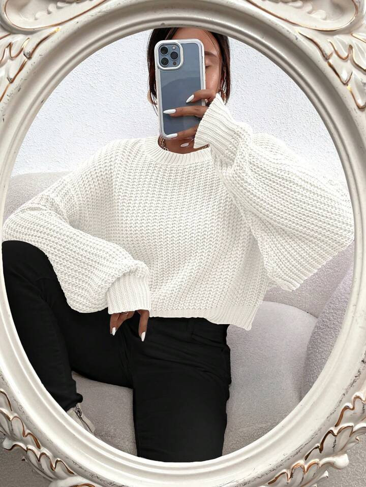 SHEIN Relaxiva Solid Ribbed Knit Drop Shoulder Sweater,Ladies Spring/Fall Casual Long Sleeve Regu... | SHEIN
