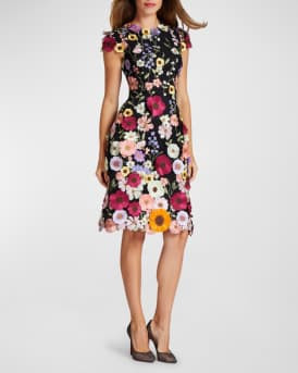 Rickie Freeman for Teri Jon 3D Floral Applique Lace Knee-Length Dress | Neiman Marcus