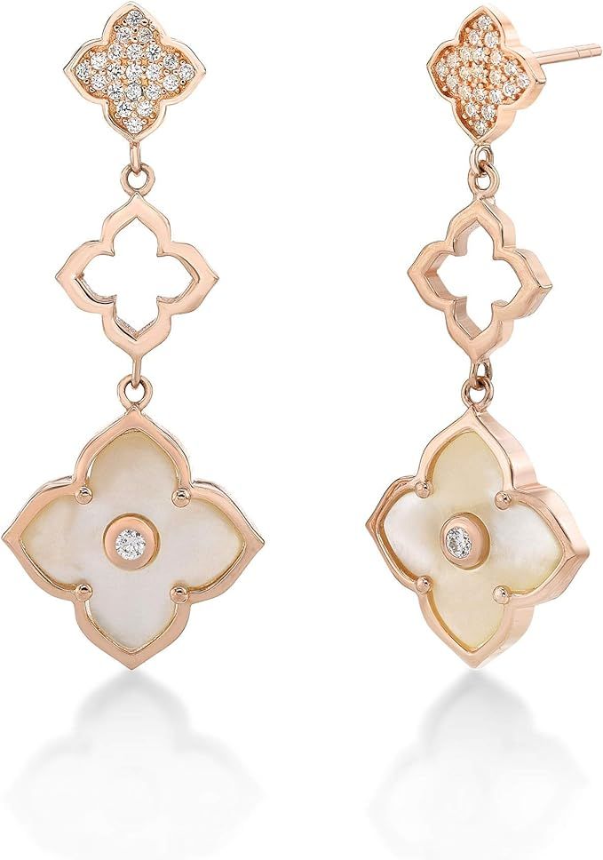 Mother of Pearl and Cubic Zirconia Three Flower Drop Dangle Earrings in 925 Sterling Silver with ... | Amazon (US)