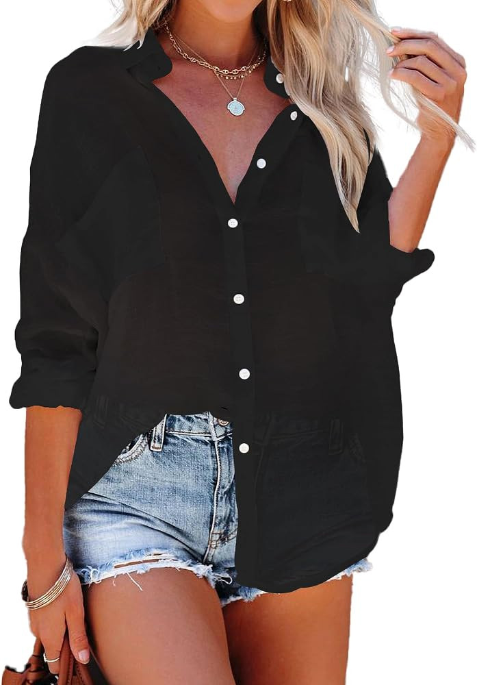Bsubseach Button Down Swim Cover Up Shirt Sexy Long Sleeve Beach Blouse Bathing Suit Cover Ups fo... | Amazon (US)