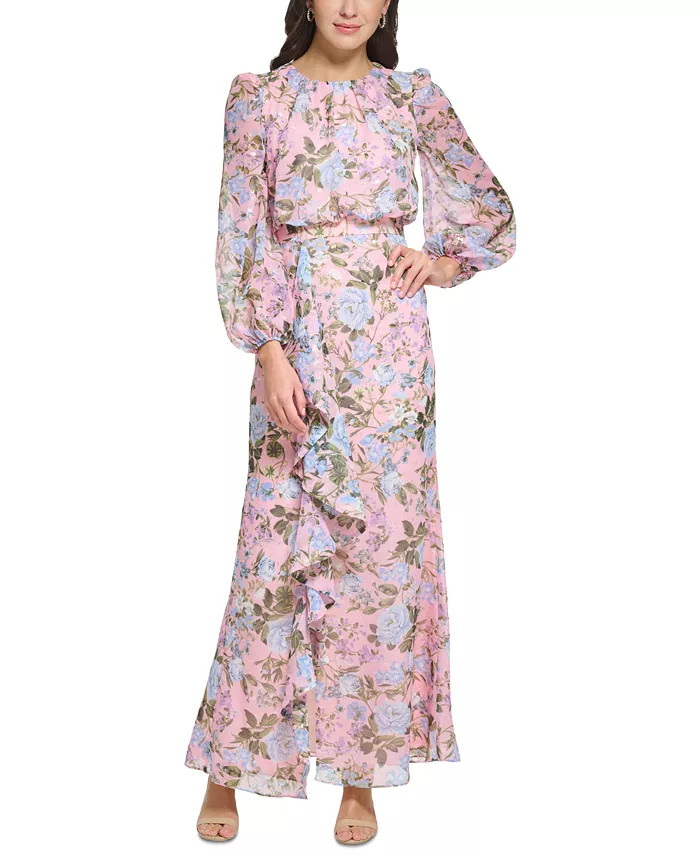 Eliza J Women's Floral-Print Chiffon Cascade Maxi Dress & Reviews - Dresses - Women - Macy's | Macys (US)
