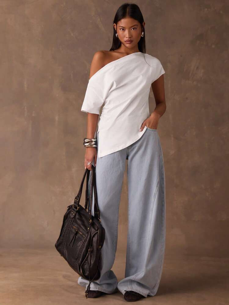 SHEIN BAE Women's White, Fashionable, Casual, Solid Color, Simple, Asymmetrical Asymmetrical Shoulder T-Shirt, Suitable For Autumn And Winter Layering, Everyday Casual Wear, Christmas, Shopping, Thanksgiving, Work, And School. | SHEIN