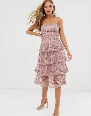 True Decadence premium square neck cami midi dress in all over lace with tiered skirt in soft pin... | ASOS US