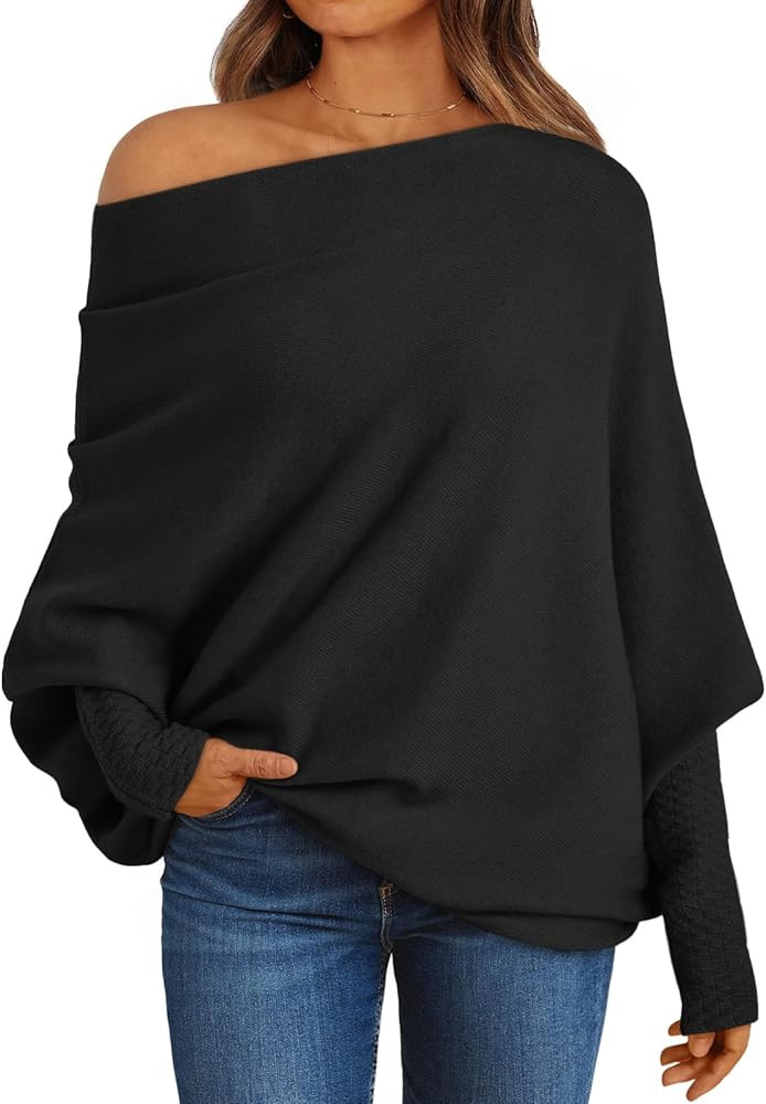 LILLUSORY Womens Batwing Oversized Sweaters Assymetrical Off The Shoulder Boat Neck Wrap Tunic To... | Amazon (US)
