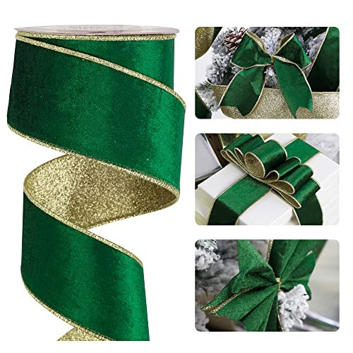 HUIHUANG Green Velvet Wired Ribbon Christmas Velvet Wired Edge Ribbon 2.5 inch Green and Gold Double Sided Velvet Ribbon for Christmas Tree Wreaths Gift Wrapping Bows Garland Home Decor-10 Yards | Amazon (US)
