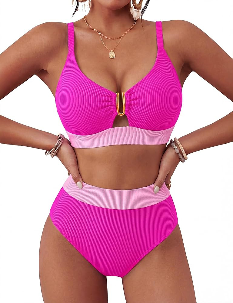 BMJL Womens High Waisted Bikini Sets Ribbed Two Piece Swimsuit V Neck Cutout Lace Up Back Bathing... | Amazon (US)