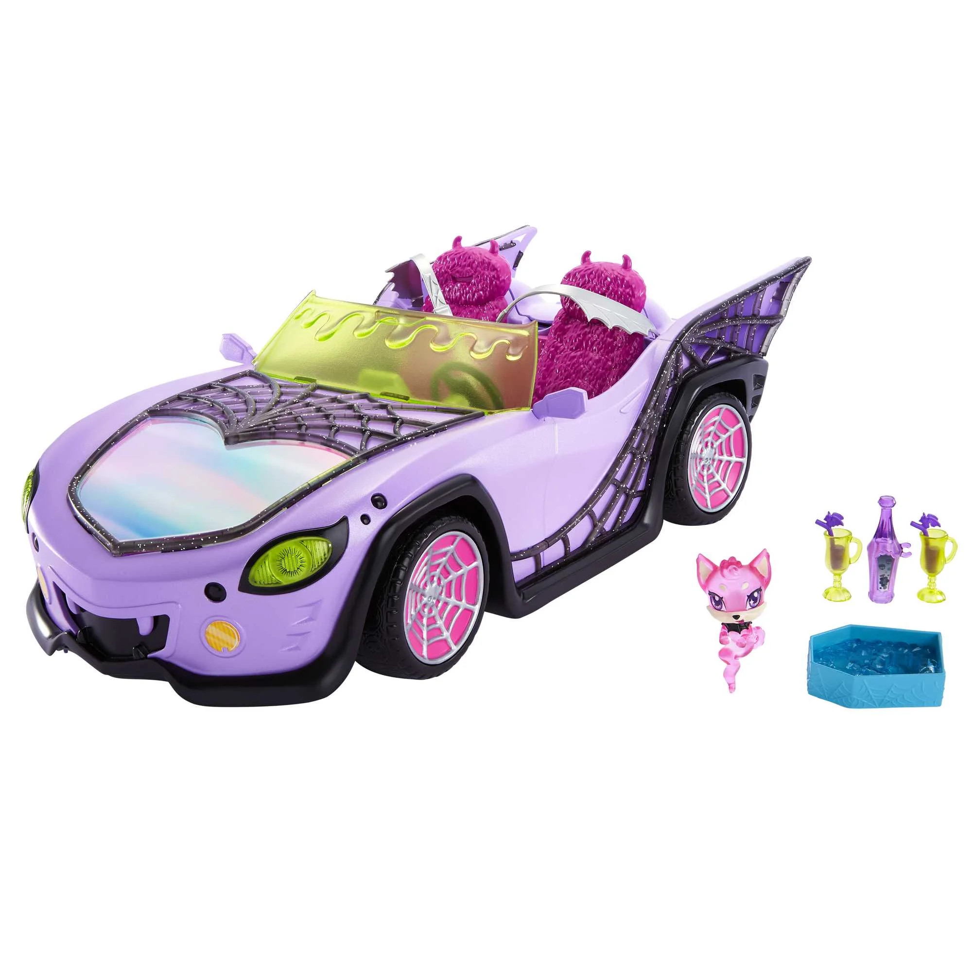Monster High Ghoul Mobile Toy Car, Purple & Spiderweb Convertible with Pet, Seats 4 Dolls (Dolls ... | Walmart (US)