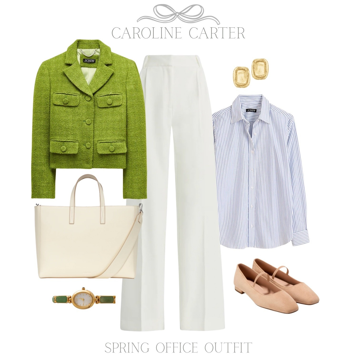 Fresh spring office style with polished classics and a pop of green.

spring office outfit, workwear, business casual, green blazer, white trousers, striped button down, mary jane flats, neutral tote, gold earrings, polished style, chic work outfit, spring workwear, classic style, feminine office look, elevated basics,
work outfits

#LTKSeasonal #LTKWorkwear #LTKootd