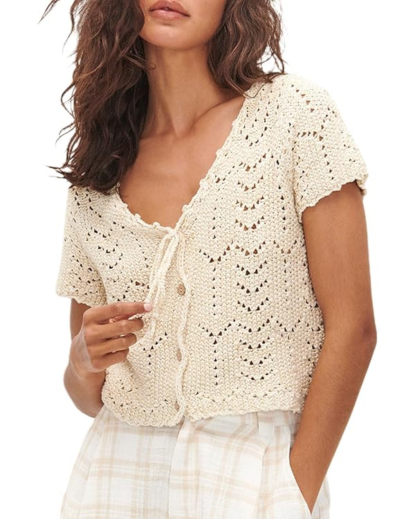 Crochet Tops for Women Knitted Summer Vest Hollow Out Button Down Shirts Short Sleeve Crop Tops F... | Amazon (US)