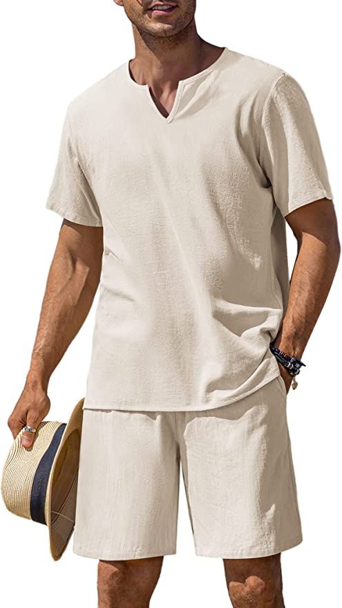 COOFANDY Men's 2 Pieces Cotton Linen Set Henley Shirt Short Sleeve and Casual Beach Shorts Summer... | Amazon (US)