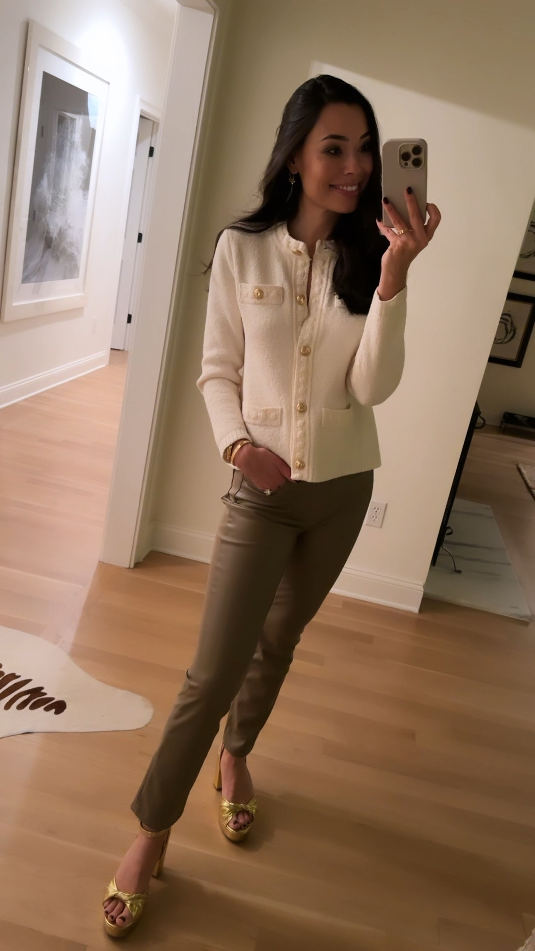 Kat Jamieson shares a cardigan and faux leather pants both under $100. Holiday outfit, Christmas Eve outfit, Christmas outfit, classic style. Pants run snug, I sized up.

#LTKfindsunder50 #LTKHoliday #LTKSeasonal