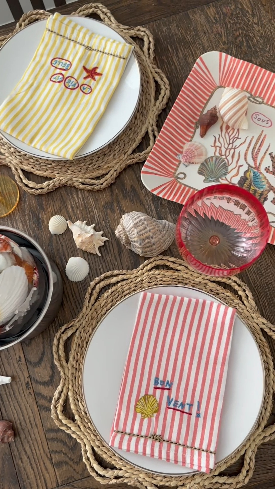 COASTAL TABLESCAPE 🐚🪸
A couple additions to your tabke can help bring each season into your home. Napkins are such an easy way to add color and texture to your table. (I often just add fun paper napkins!) 
For this coastal theme I also added in seashells. I’m always a fan of bringing some naturall elements to the table along with florals! Keep it simple with just a couple easy and affordable changes! 

#LTKSeasonal #LTKHome