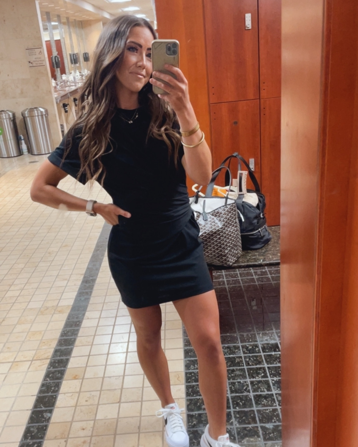 Comfortable for teaching, the office or just running around. The exact dress in black is not linked, but this is the same dress in red as linked below. The other t shirt dress is a comparable option!