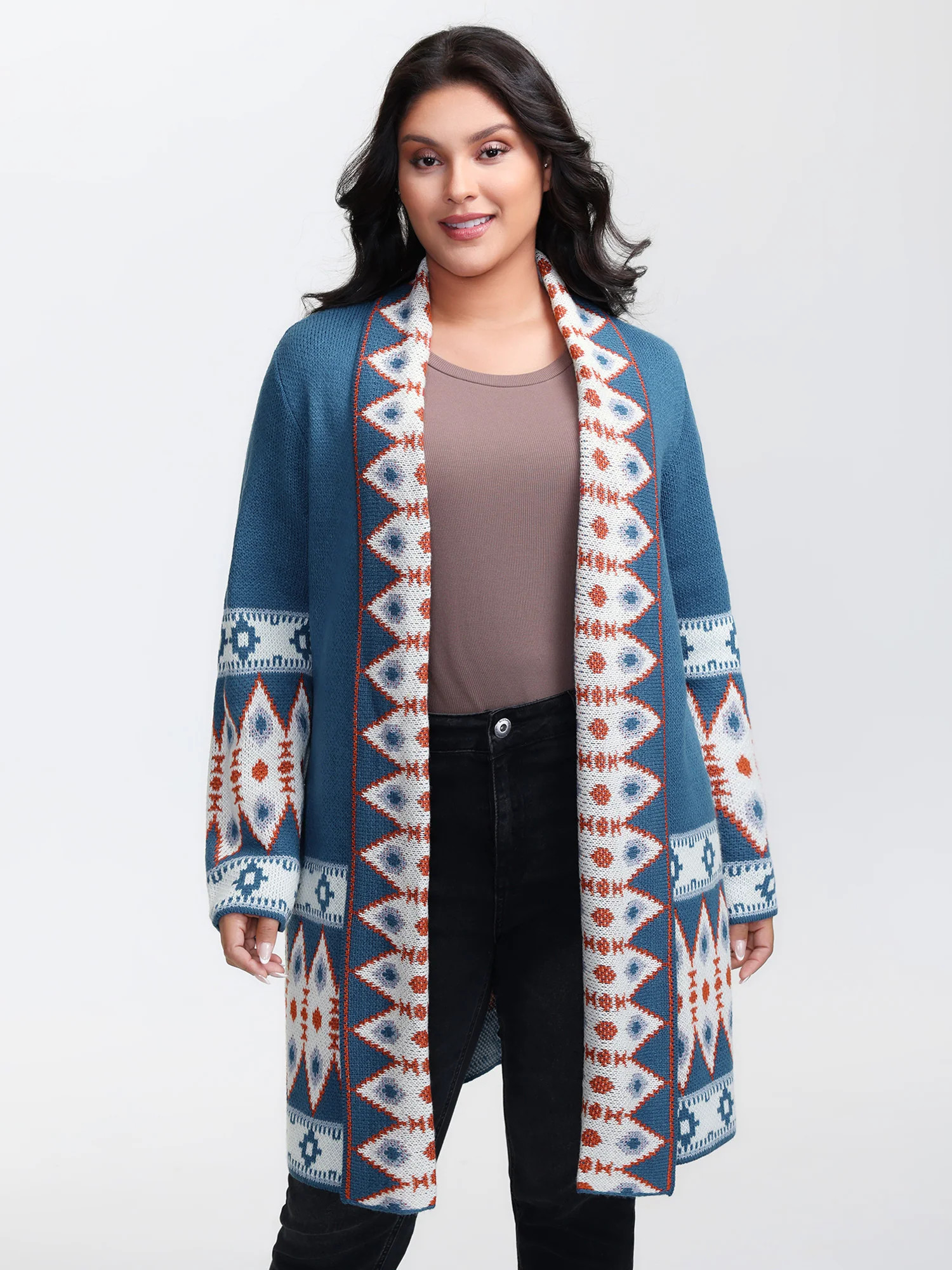 Boho Pattern Jacquard Folded Collar Knit Cardigan | Bloomchic