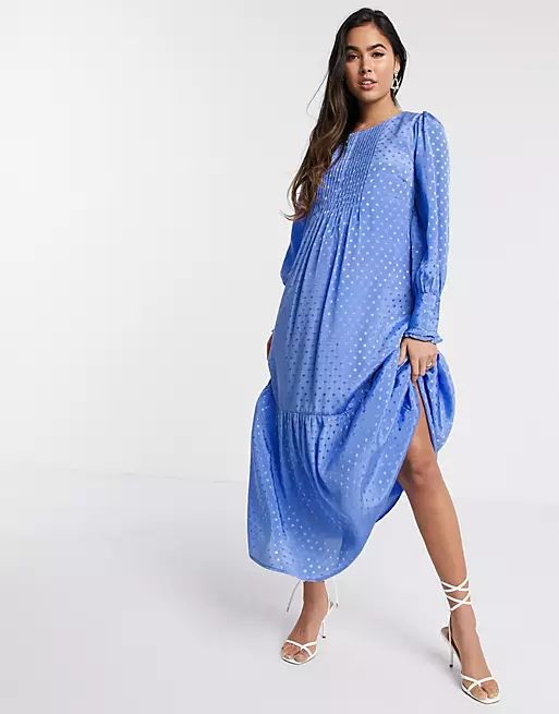 Y.A.S maxi smock dress with front pleats in blue spot | ASOS (Global)