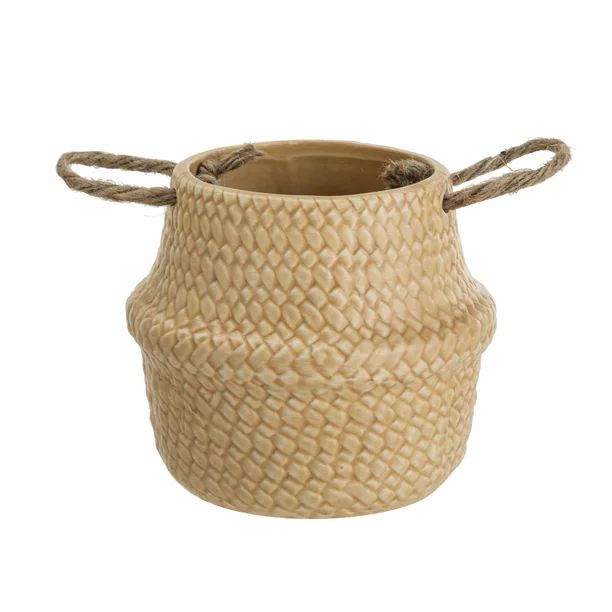 Mainstays Brown Ceramic Belly Basket Planter with Jute Handles, 5.39"D x 4.6"H | Walmart (US)