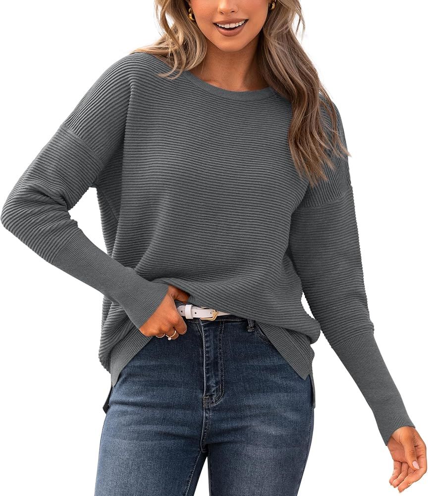 BTFBM Casual Women 2024 Fall Sweater Long Sleeve Ribbed Knit Pullover Loose Crewneck Batwing Spli... | Amazon (US)