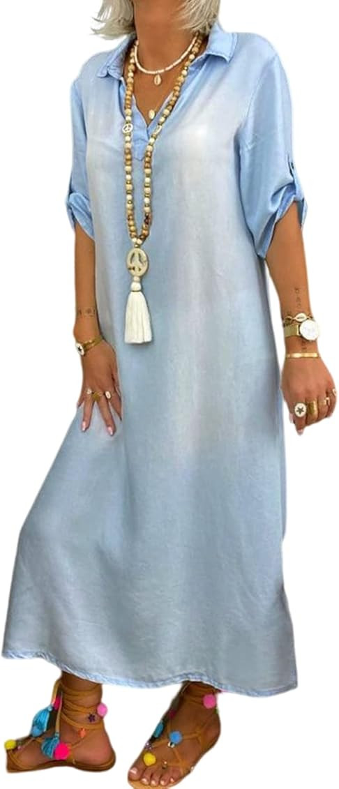 Women's Long Maxi Denim Dress Collared V Neck Half Sleeve Casual Loose Slit Dress Summer Jean Dress  | Amazon (US)
