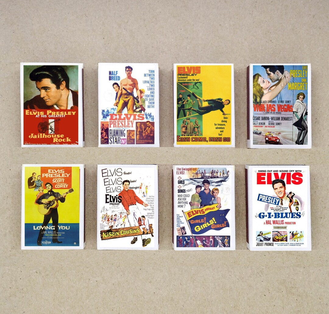 set of 8 MATCHBOX vintage classic ELVIS PRESLEY movies poster music rock n roll jailhouse guitar ... | Etsy (US)