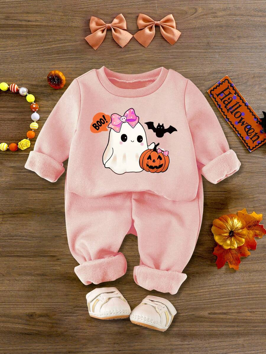 SHEIN 2pcs Baby Girls Halloween Cartoon Floral, Pumpkin, Ghost, Bow Print Warm Soft Knit Pullover... | SHEIN