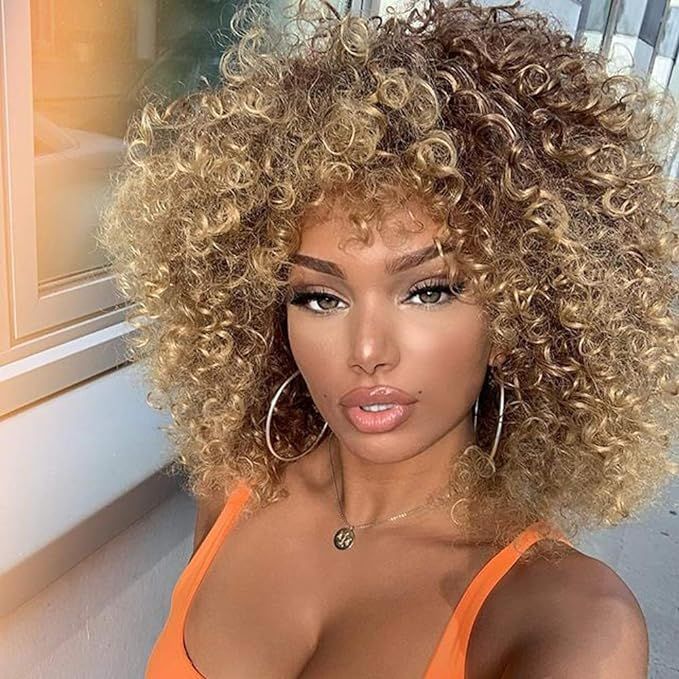 Xinran 14 inch Blonde Curly Wigs 70s, Kinky Brown Mixd Blonde Afro Wigs for Black Women, Syntheti... | Amazon (US)