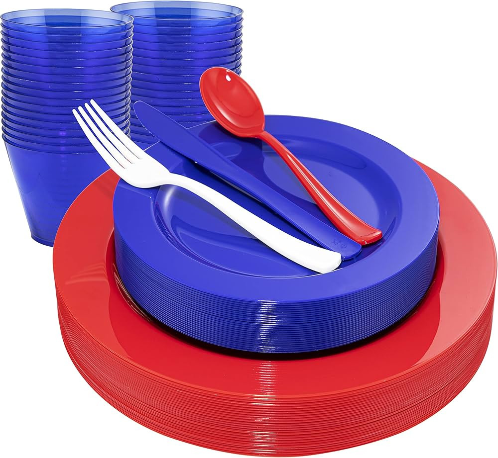 KIRE 150PCS 4th of July Plates & Red White Blue Disposable Plastic Silverware &Clear Blue Cups-Am... | Amazon (US)