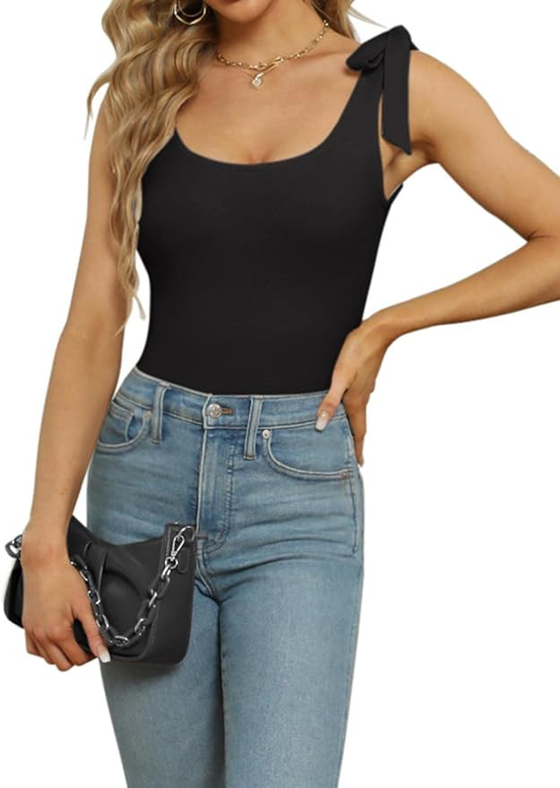Berryou Bodysuit for Women Scoop Neck Ribbed Sleeveless Tank Tops Summer with Detachable Shoulder... | Amazon (US)