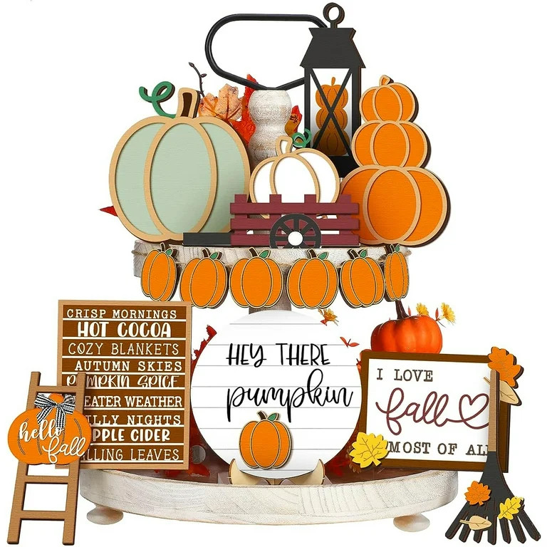 Owis Fall Tiered Tray Decor Set Autumn Pumpkin Leaves Rustic Farmhouse Thanksgiving Decoration Ha... | Walmart (US)