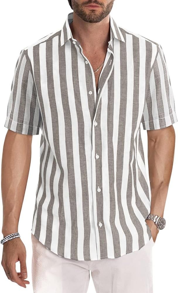 JMIERR Men's Casual Stylish Short Sleeve Button-Up Striped Dress Shirts Cotton Shirt | Amazon (US)