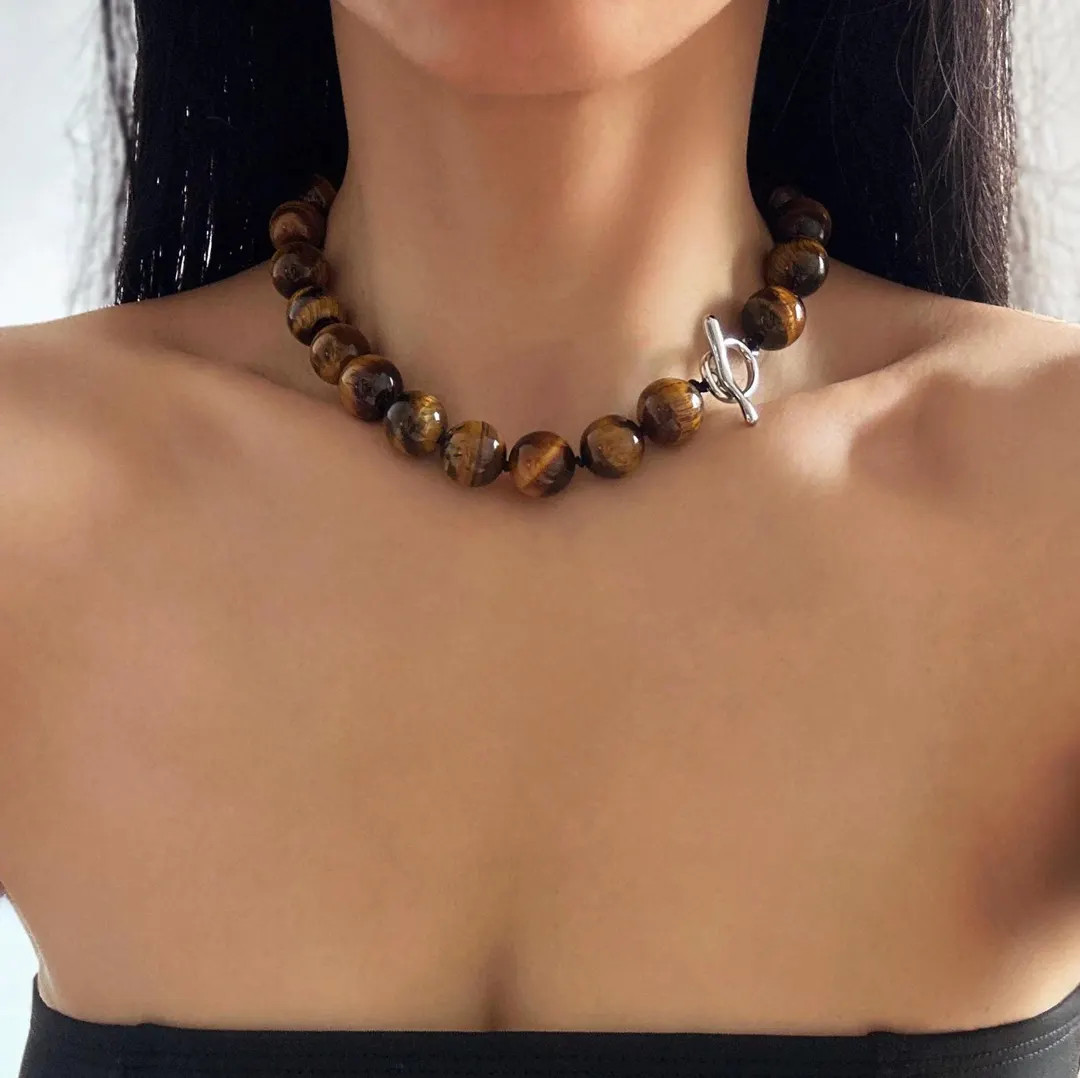 Chunky Tiger Eye Necklace, Genuine Tiger Eye Statement Necklace, 16mm Big Gemstone Necklace, Hand... | Etsy (US)