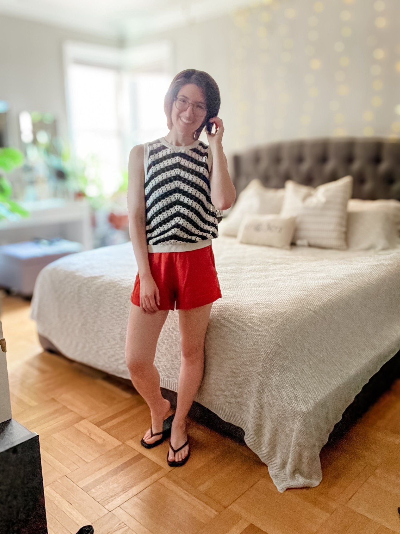 Chevron sweater tank: TTS
Shorts: TTS
Flip flops: TTS