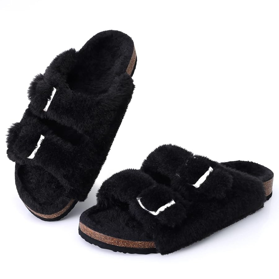 KIDMI Fuzzy Slippers Women with Cork Footbed Fluffy Slides Open Toe Indoor House Shoes | Arch Sup... | Amazon (US)