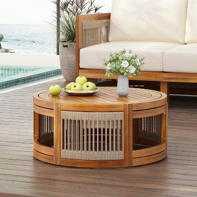 Christopher Knight Home Caryl Outdoor Acacia Wood Coffee Table with Handwoven Rope Accents and Slatted Design, Teak | Target
