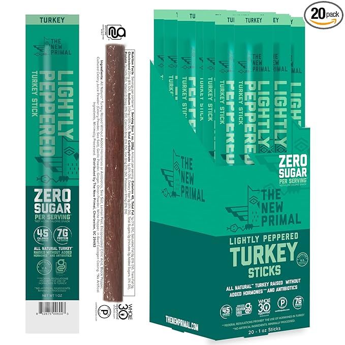 The New Primal Lightly Peppered Turkey Sticks, Keto, Gluten Free Healthy Snacks, Sugar Free Low C... | Amazon (US)